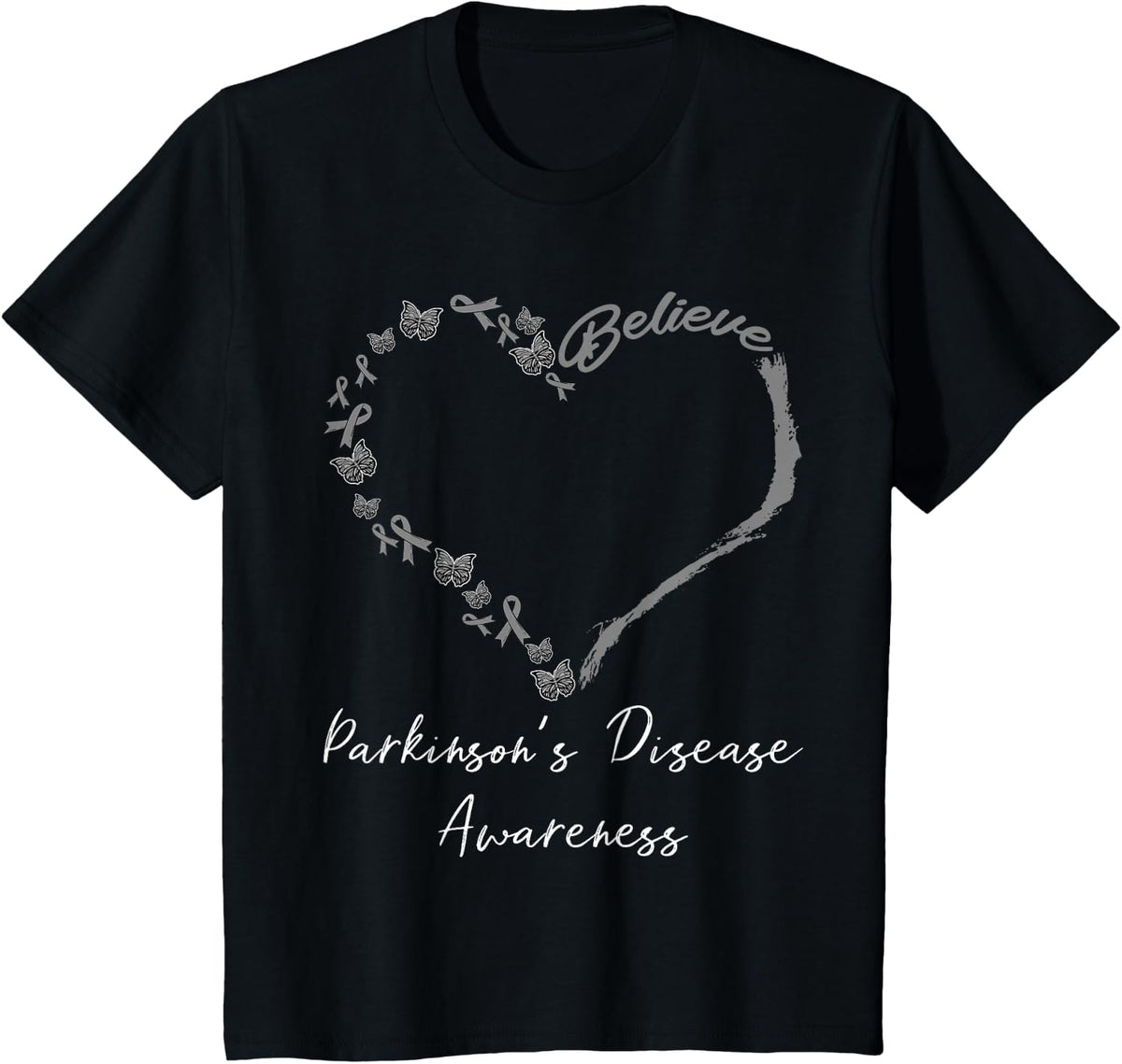 Believe Parkinsons Butterfly Gray Degenerative Disorder T-Shirt - Black