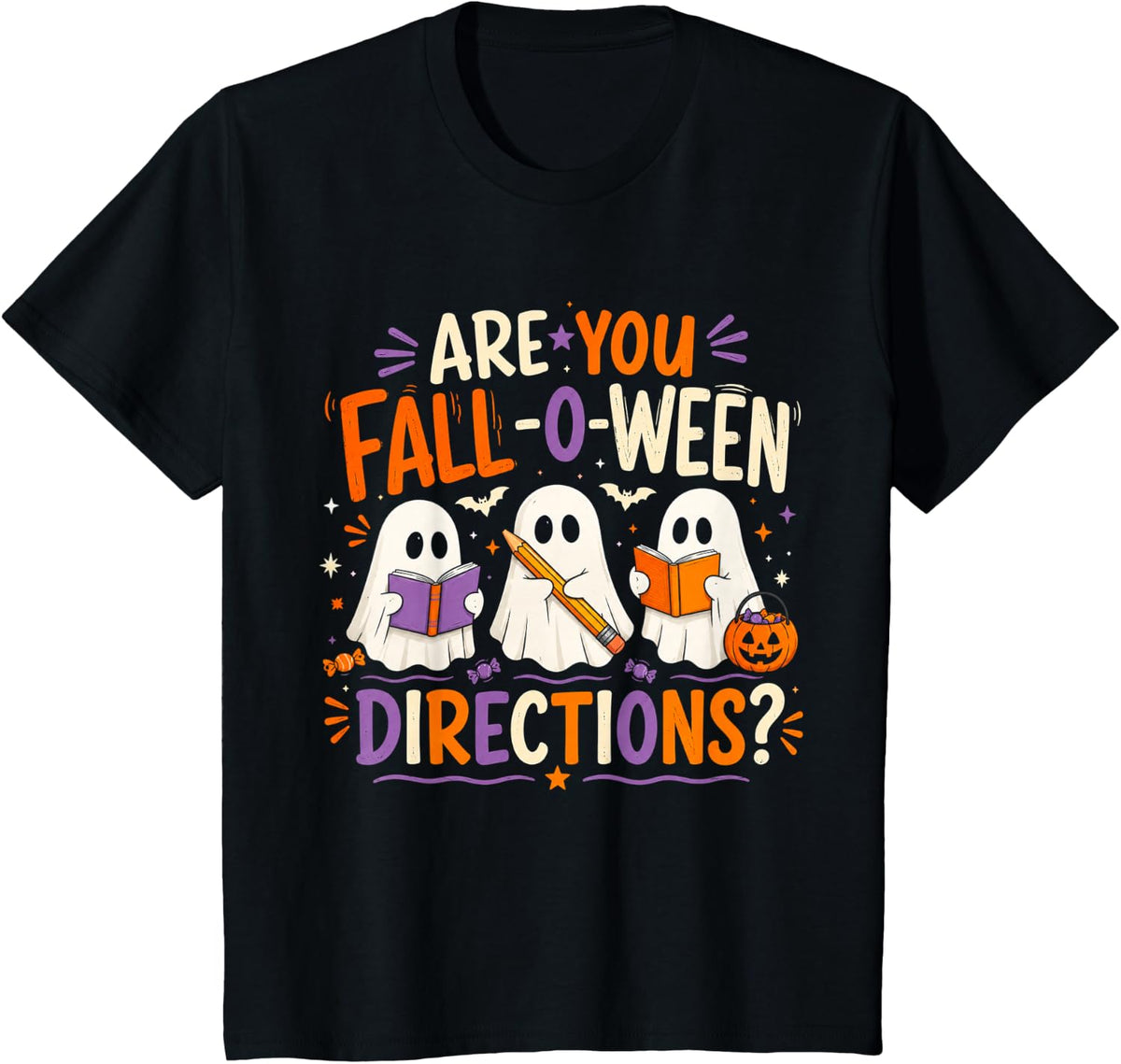 are You Fall O Ween Directions Funny Halloween Teacher Ghost T-Shirt - Black