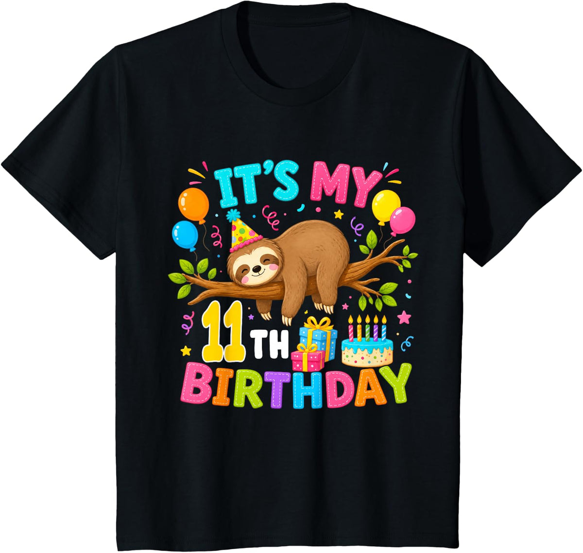11th Birthday Animals Theme Party 11 Year Old Sloth Lover T-Shirt - Black