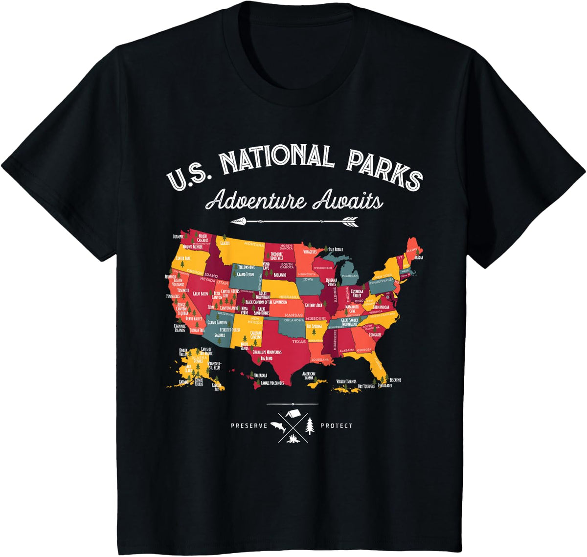 62 National Parks Map Gifts US Park Vintage Camping Hiking T-Shirt - Black