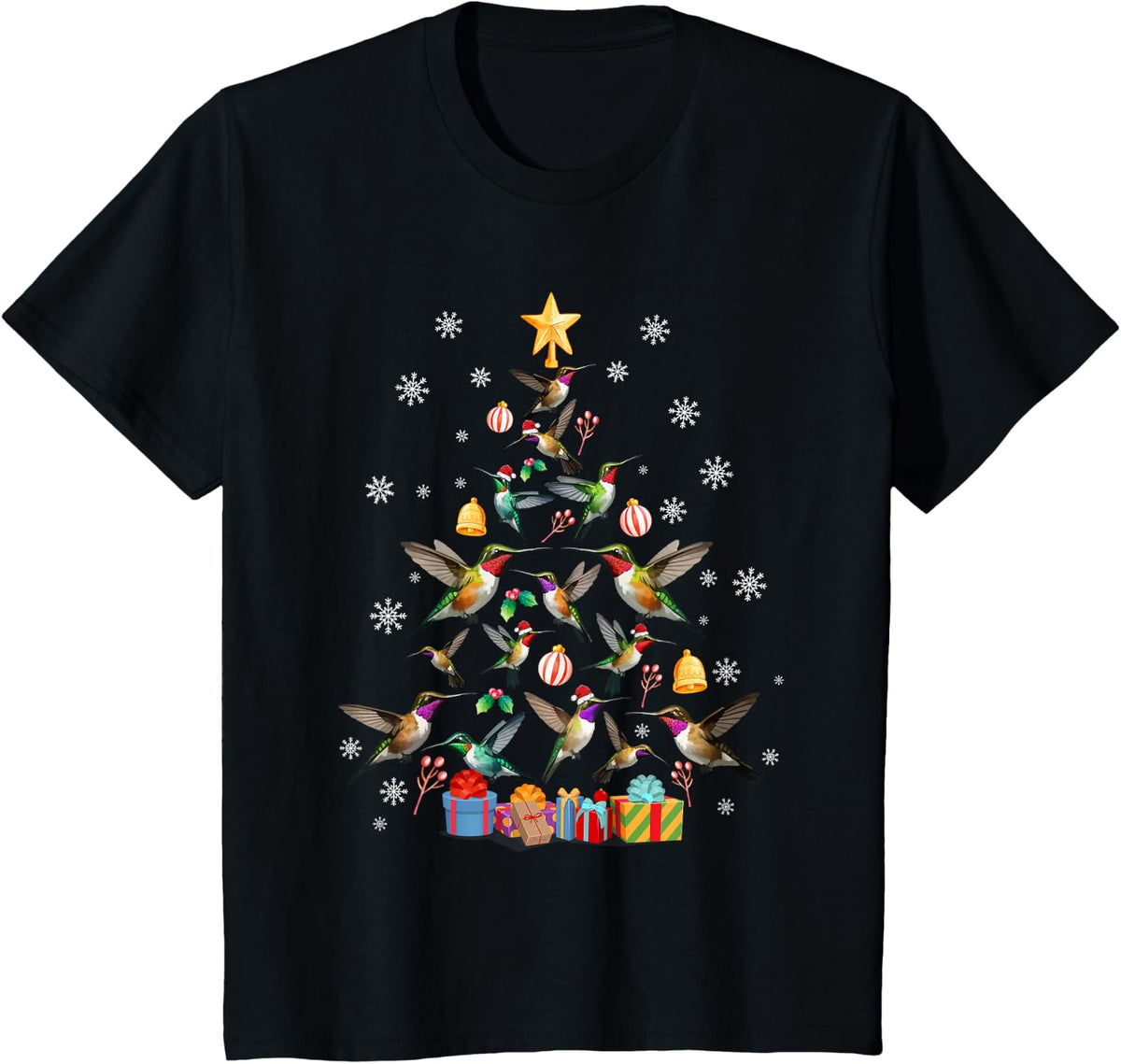 Unisex-Kids Teens Adults Hummingbird Christmas Tree Black T-Shirt - Black