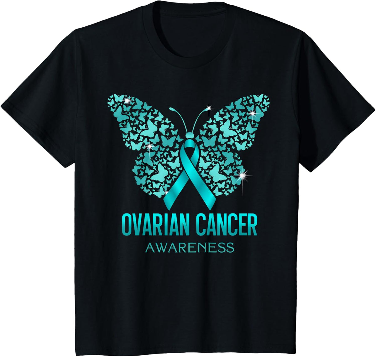 Teal Butterfly Ribbon Ovarian Cancer Awareness Support Squad T-Shirt - Black