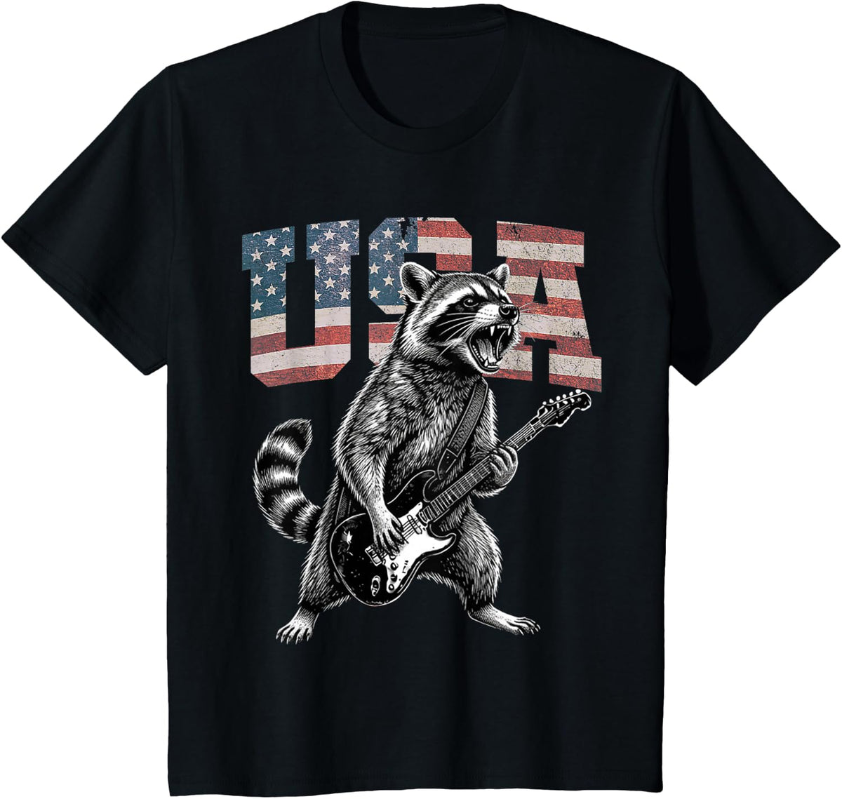 USA Flag Raccoon Playing Guitar - Funny Trash Panda T-Shirt - Black