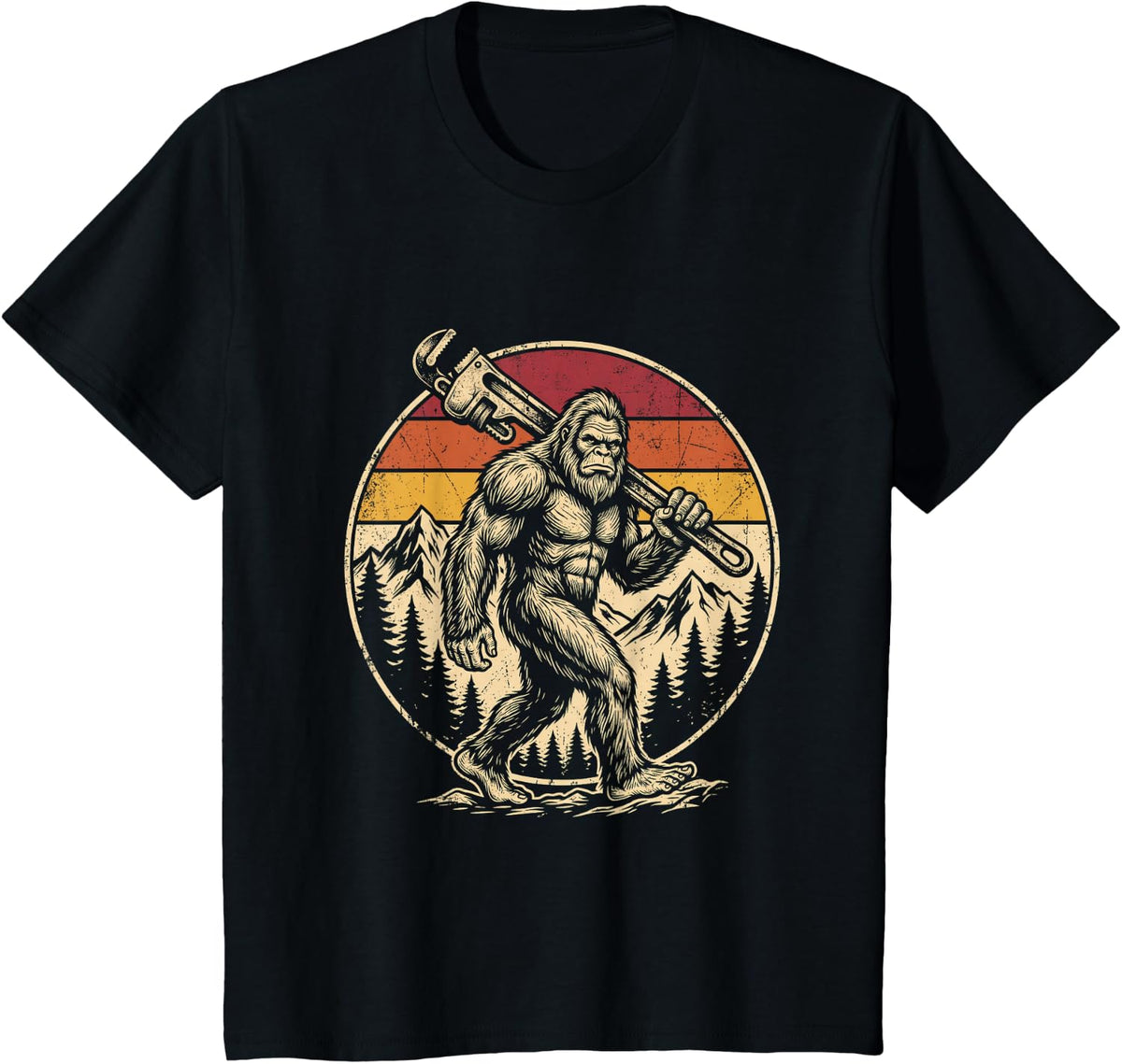 Bigfoot Plumber Pipe Wrench Sasquatch Graphic Men Women Kids T-Shirt - Black