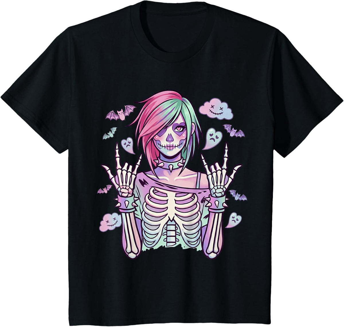 Goth Girl, Emo Skeleton Girl Cotton Horror Grunge Creepy T-Shirt - Black