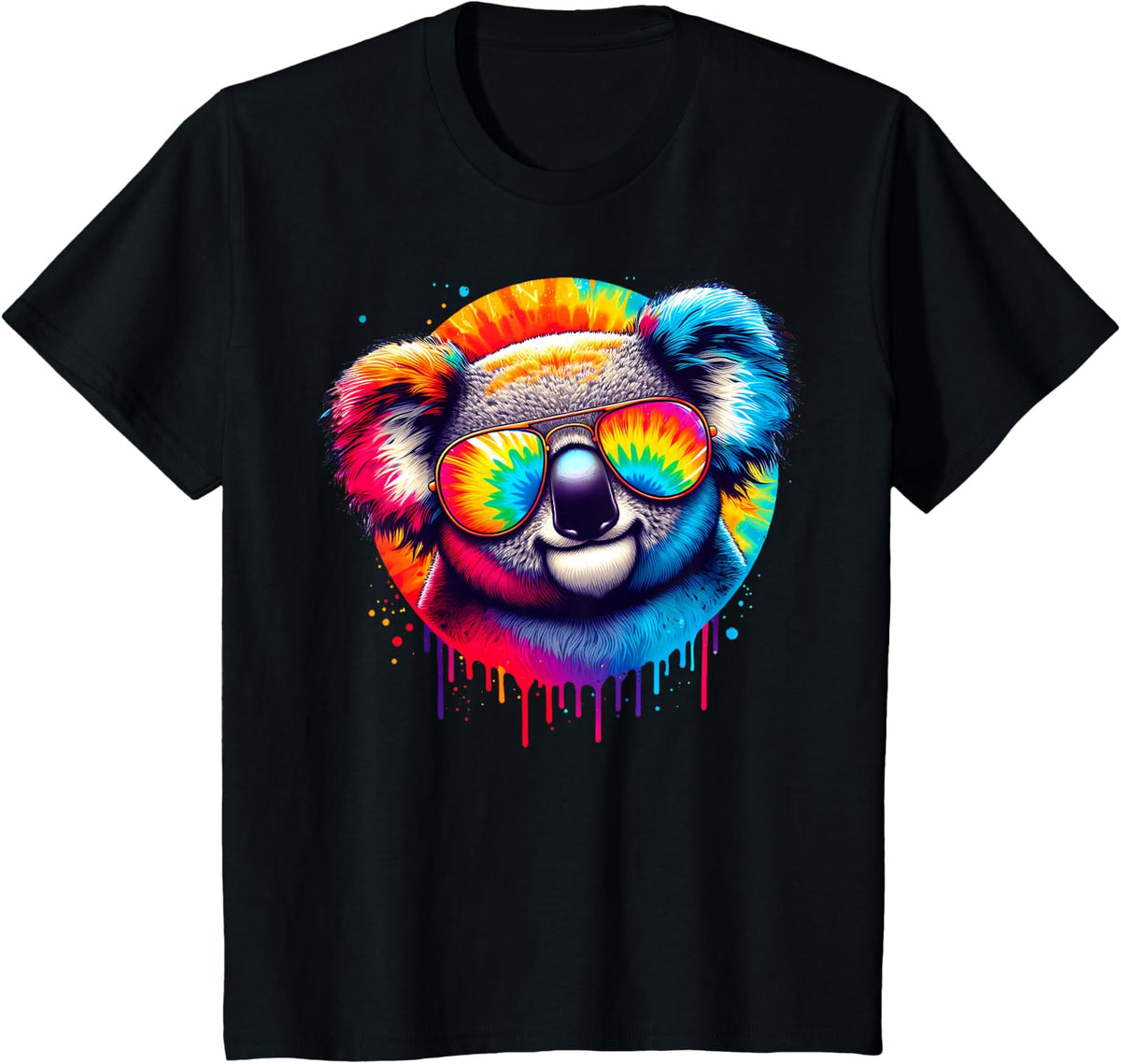Cool Tie Dye Sunglasses Koala Graphic Illustration Art T-Shirt - Black