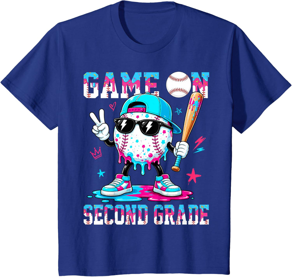 Second Grade Game On Baseball Drip Ice Cream Boy First Day of School T-Shirt Tee - Royal Blue