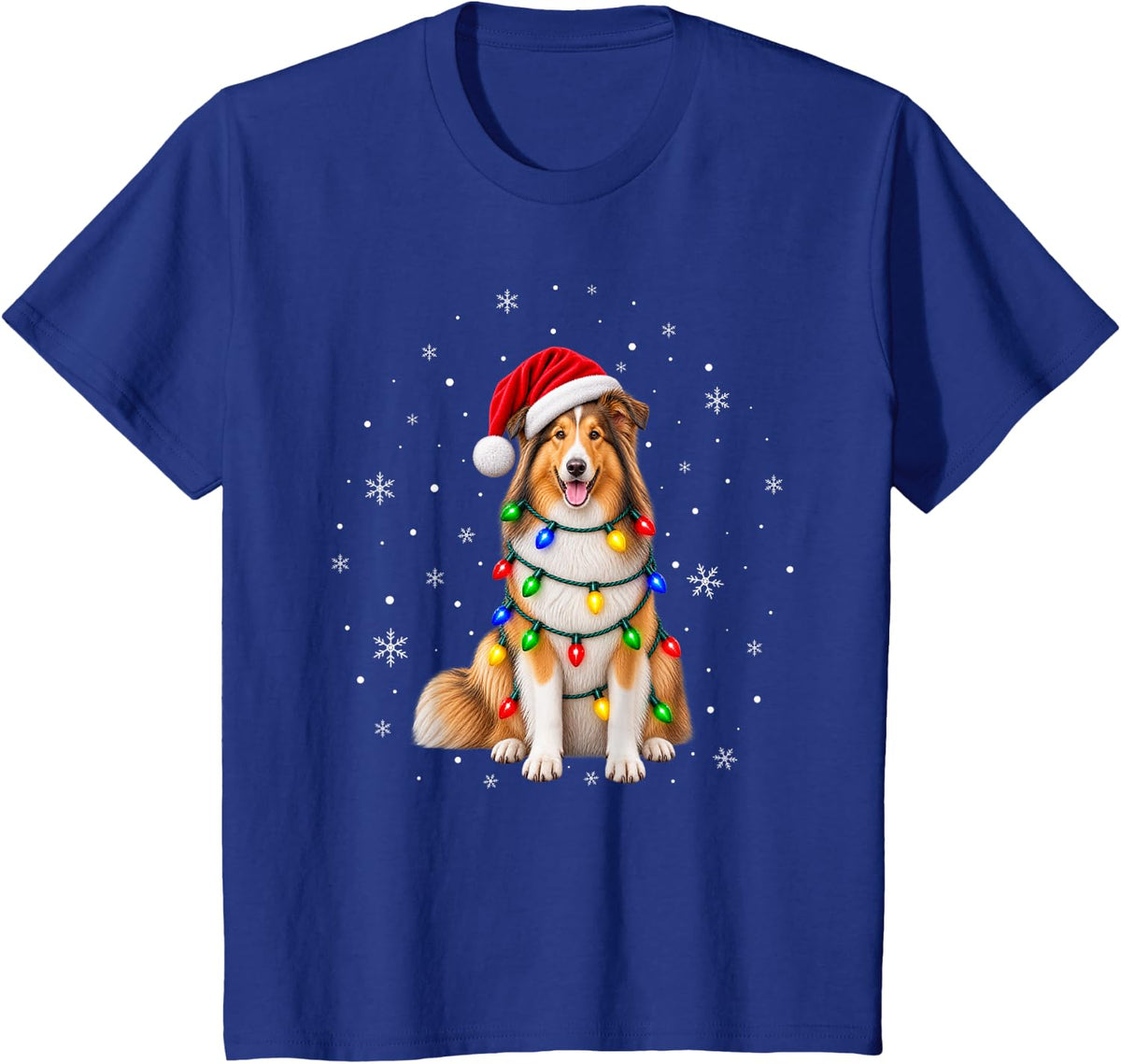 Rough Collie Christmas Tree Lights Pajama Santa Dog Xmas T-Shirt - Royal Blue
