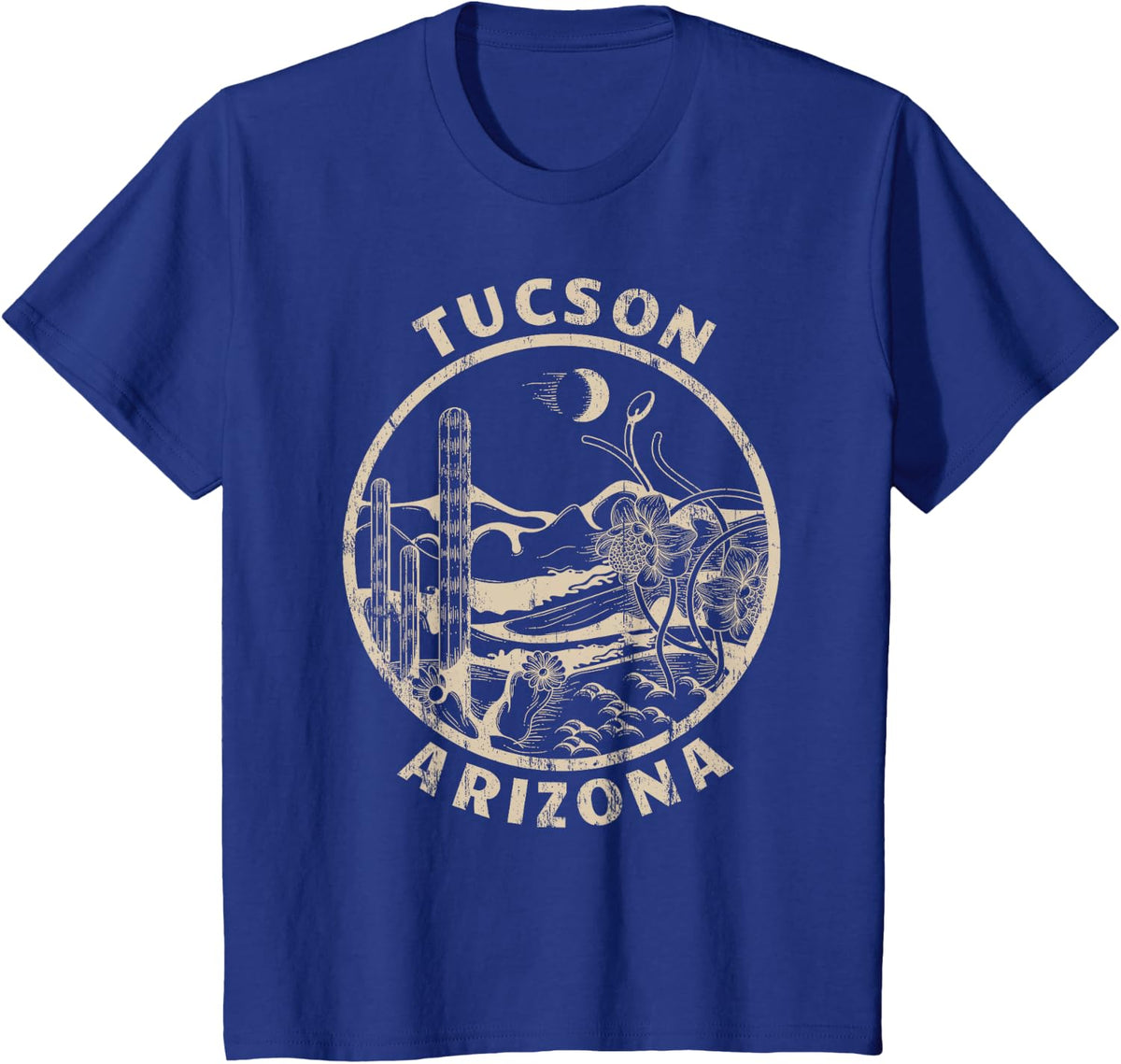 Tucson Arizona Linocut Distressed Desert Illustration T-Shirt - Royal Blue