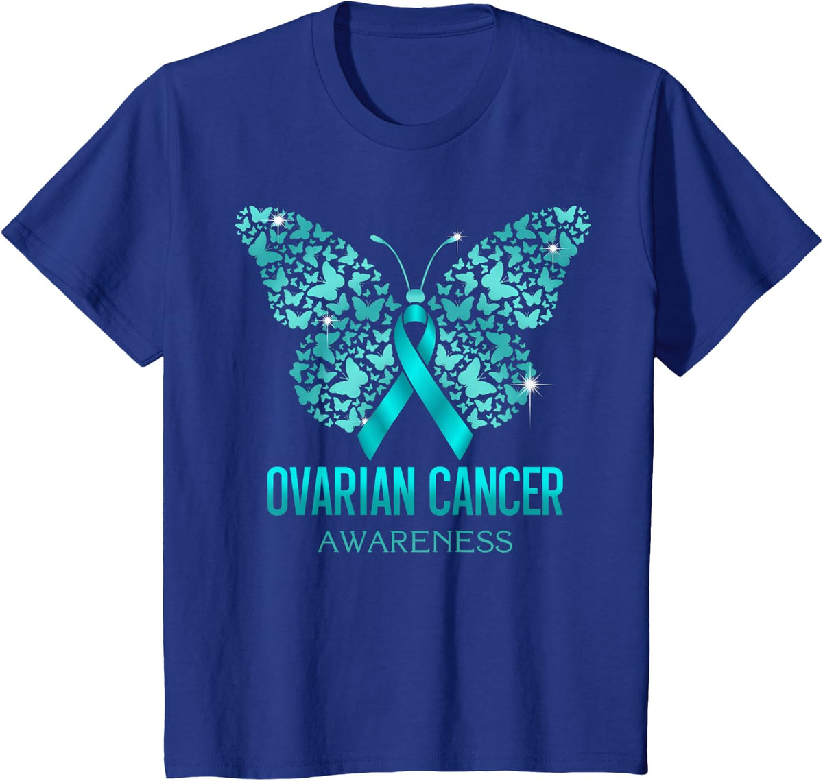 Teal Butterfly Ribbon Ovarian Cancer Awareness Support Squad T-Shirt - Royal Blue