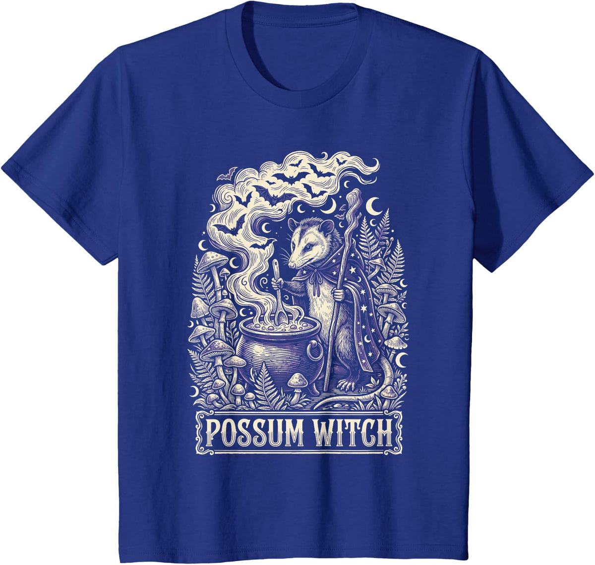 Opossum Witch Halloween Vintage Woodcut Cauldron Art T-Shirt - Royal Blue