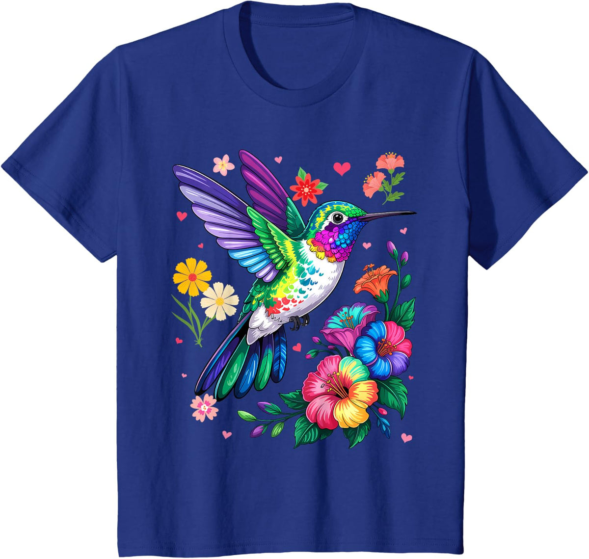 Alzheimer’s Awareness Purple Hummingbird and Flowers Art T-Shirt - Royal Blue