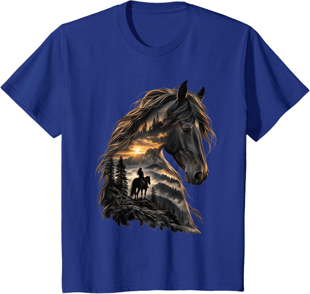 Horse Lover Mountain Landscape Sunset Horseback Riding T-Shirt - Royal Blue