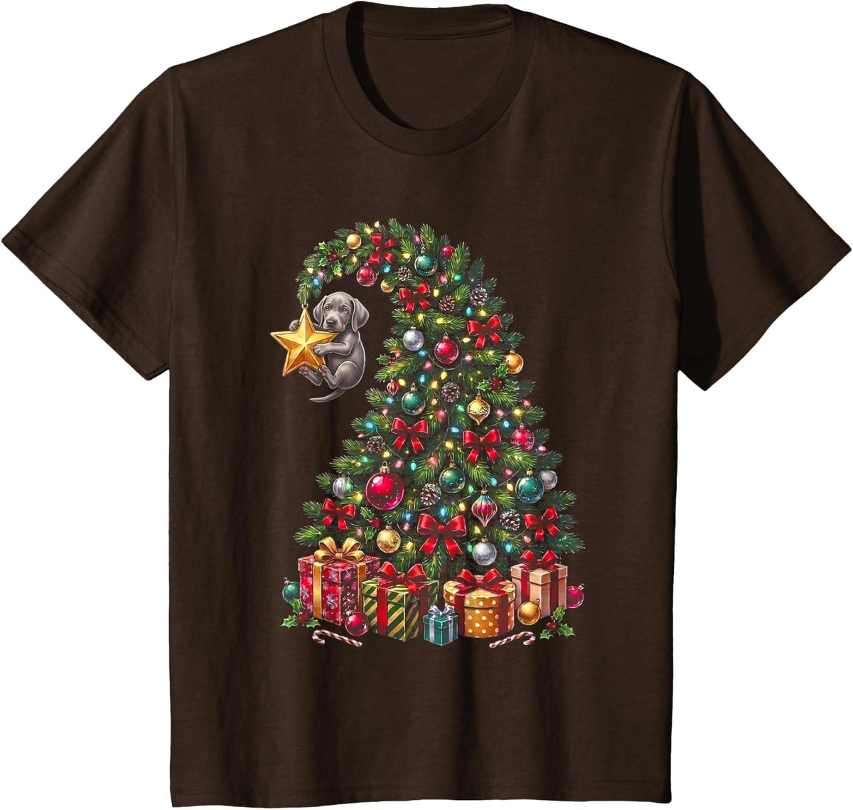 Weimaraner Hanging from Christmas Tree Festive Funny Pet T-Shirt - Brown
