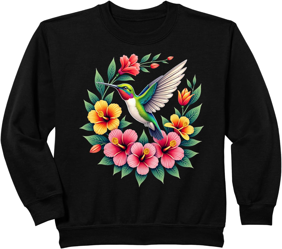 Hummingbird Lovers Colorful Floral Hummingbird Sweatshirt - Black