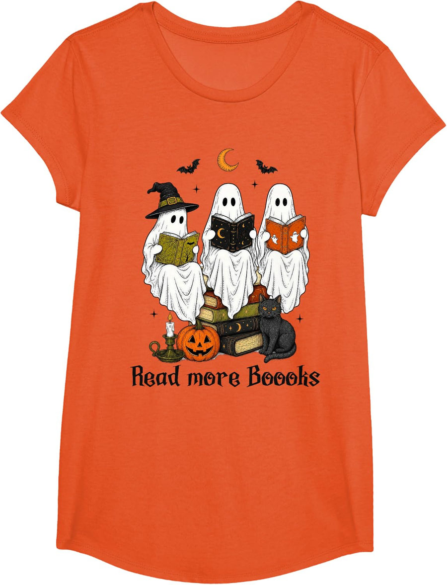 Read More Books Ghost Reading Halloween Teacher Book Lovers T-Shirt - Girls Orange