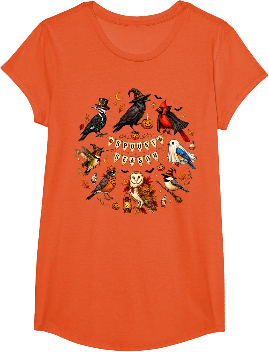 Halloween Bird Crow Cardinal Owl Raven Spooky Season Nature T-Shirt - Girls Orange