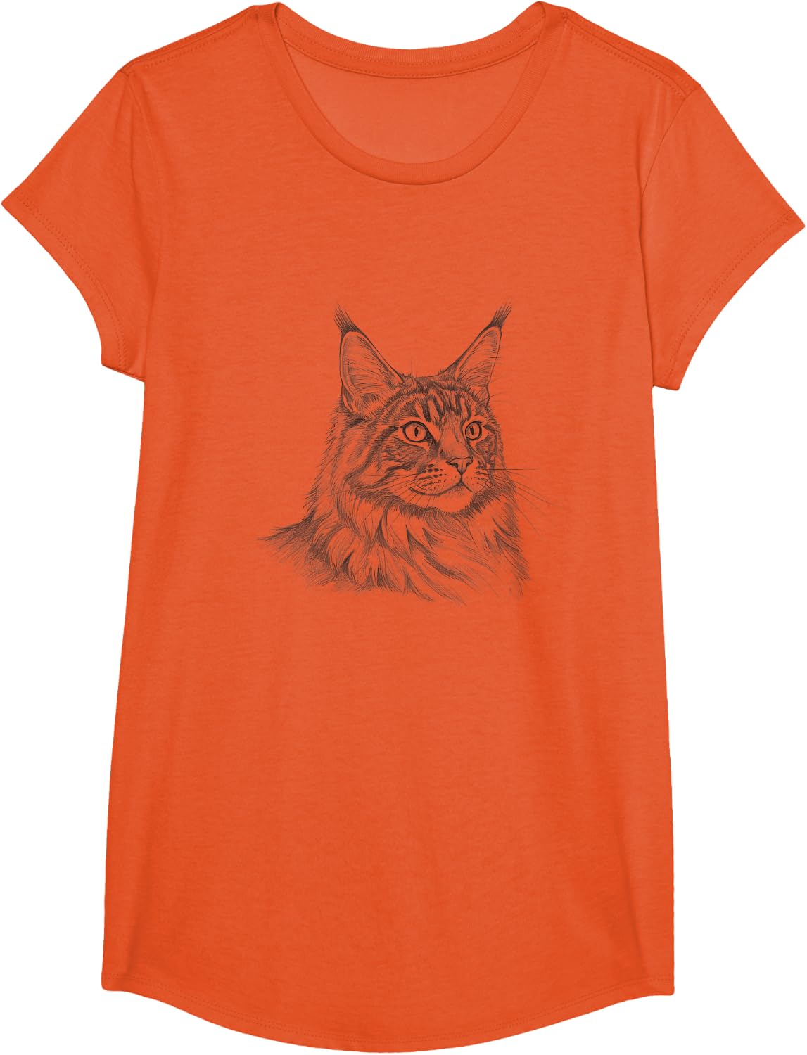 Vintage Maine Coon Cat Drawing Art Design T-Shirt - Girls Orange