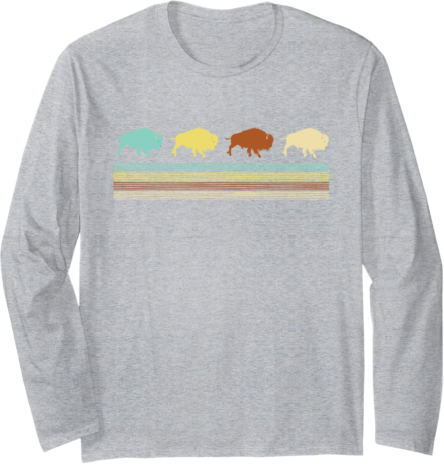 Vintage Retro American Bison Buffalo Lover Wildlife Outdoor Long Sleeve T-Shirt - Adult Unisex Heather Grey