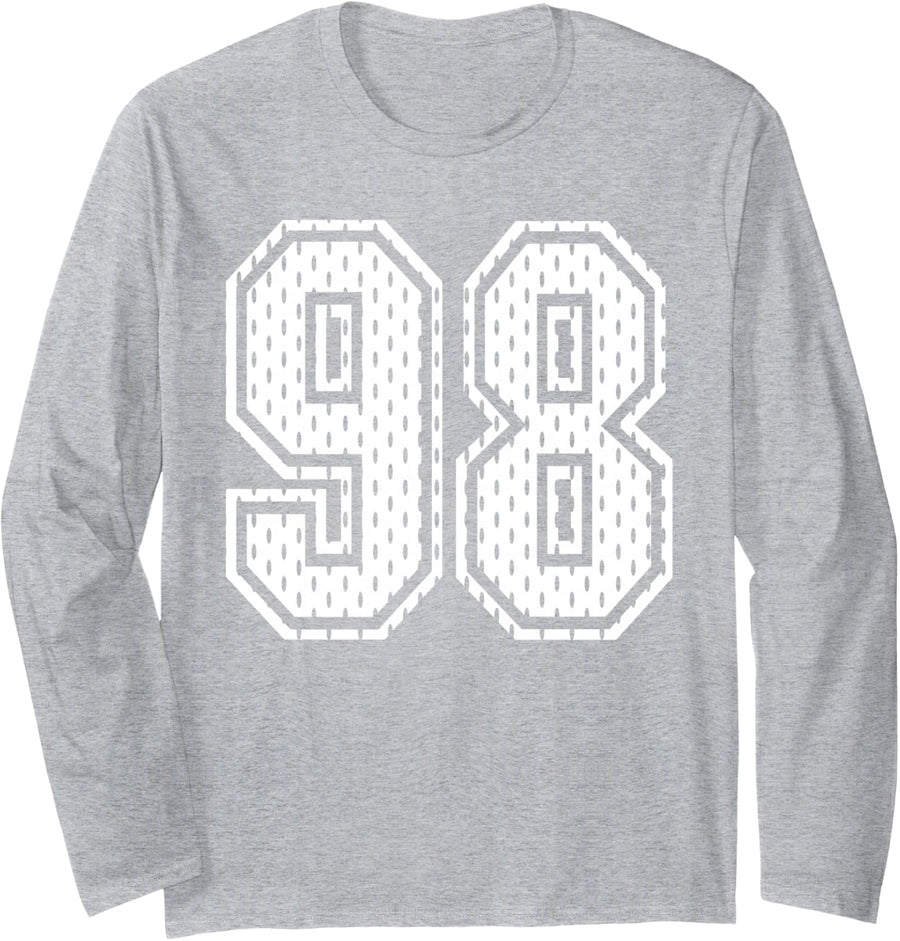 White Number 98 Sports Fan #98 Jersey Shirt Team Player Long Sleeve T-Shirt - Adult Unisex Heather Grey
