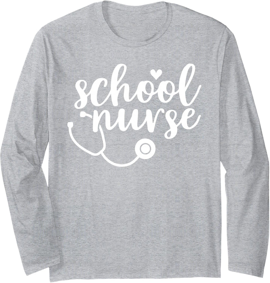 Cute School Nurse Appreciation Long Sleeve T-Shirt - Adult Unisex Heather Grey