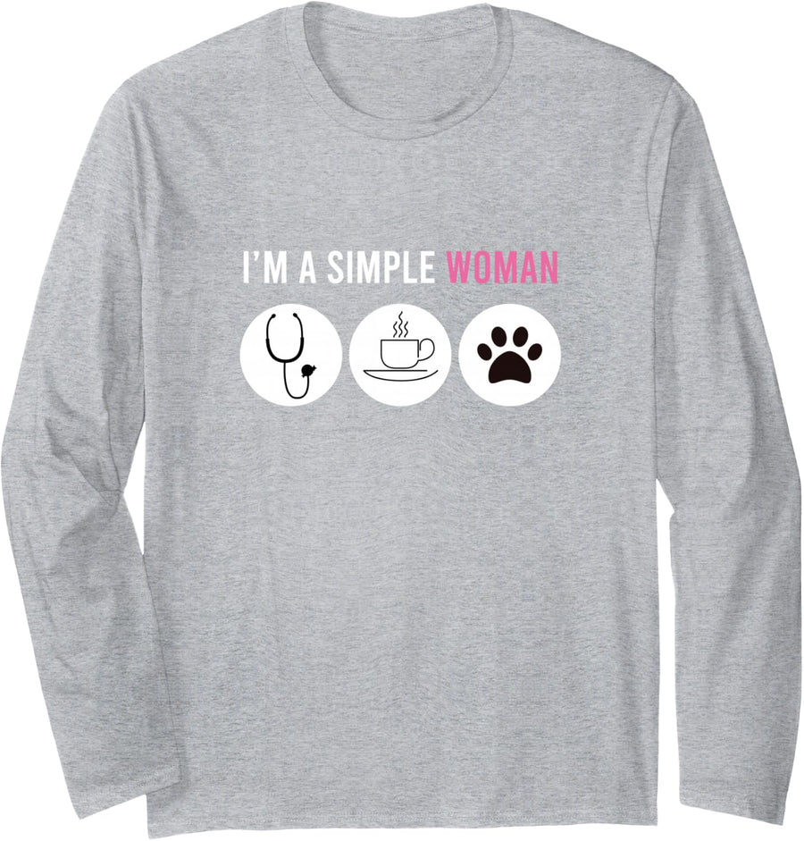 Simple Woman Nurse Coffee Dogs Funny Nurses Gifts for Women Long Sleeve T-Shirt - Adult Unisex Heather Grey