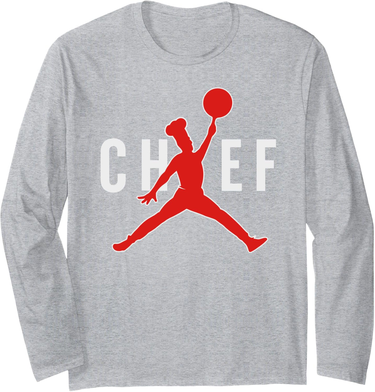 Funny Restaurant Jumping Chef with Frying Pan Long Sleeve T-Shirt - Adult Unisex Heather Grey
