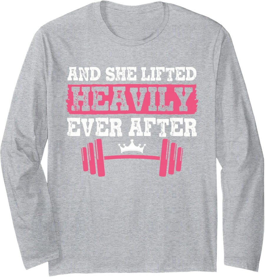 Gym and Weightlifting Shirts, She Lifted Heavily Ever After Long Sleeve T-Shirt - Adult Unisex Heather Grey