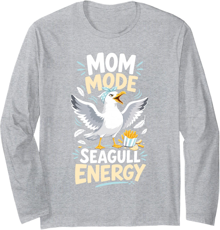 Mom Mode Seagull Energy French Fries Funny Mother Long Sleeve T-Shirt - Adult Unisex Heather Grey