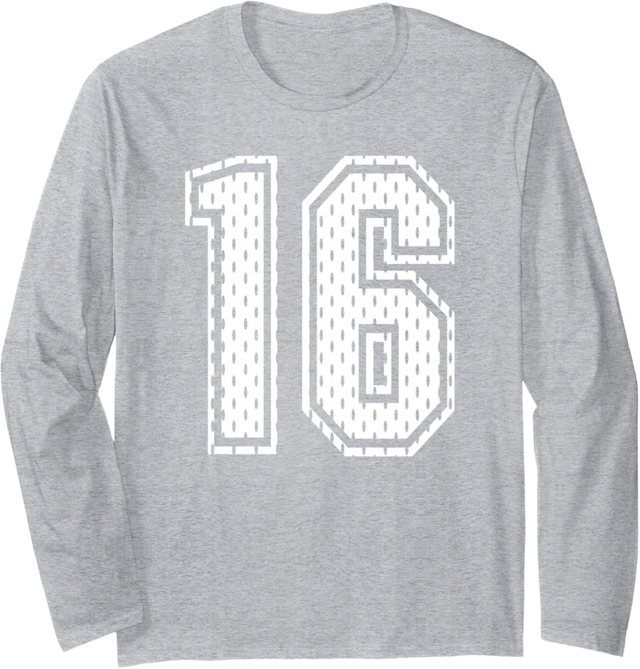 White Number 16 Sports Fan #16 Jersey Shirt Team Player Long Sleeve T-Shirt - Adult Unisex Heather Grey