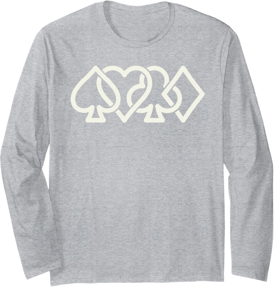 Poker Card Suits Spade Heart Diamond Club Playing Cards Tee Long Sleeve T-Shirt - Adult Unisex Heather Grey