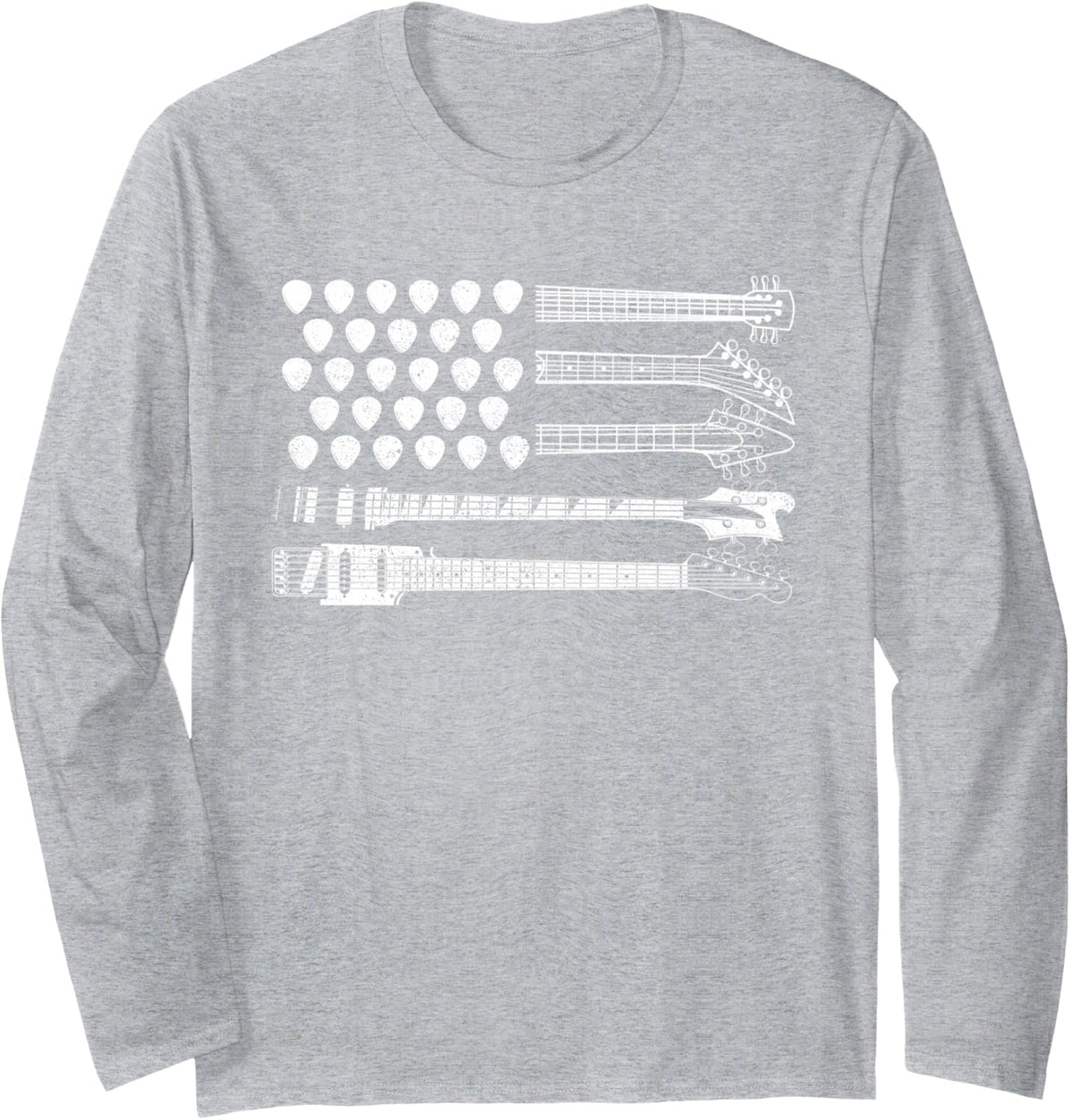 Lets Rock Rock n Roll Guitar Retro USA FLAG Long Sleeve T-Shirt - Adult Unisex Heather Grey