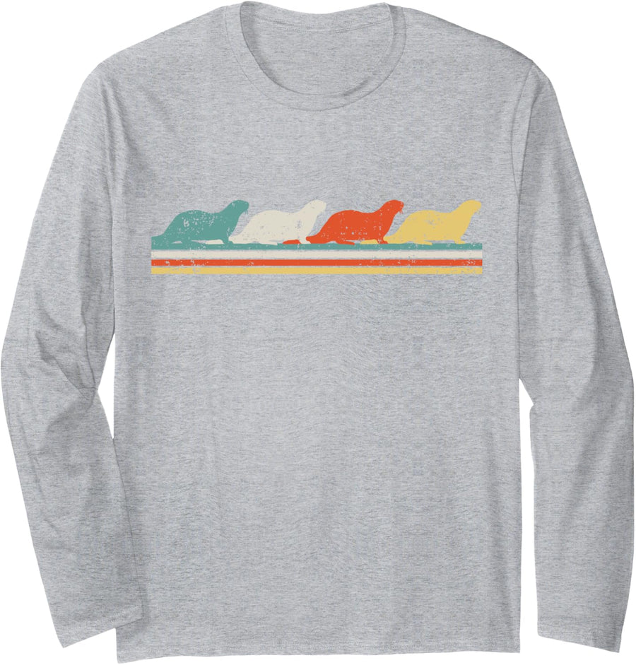 Otter Retro Vintage Long Sleeve T-Shirt - Adult Unisex Heather Grey