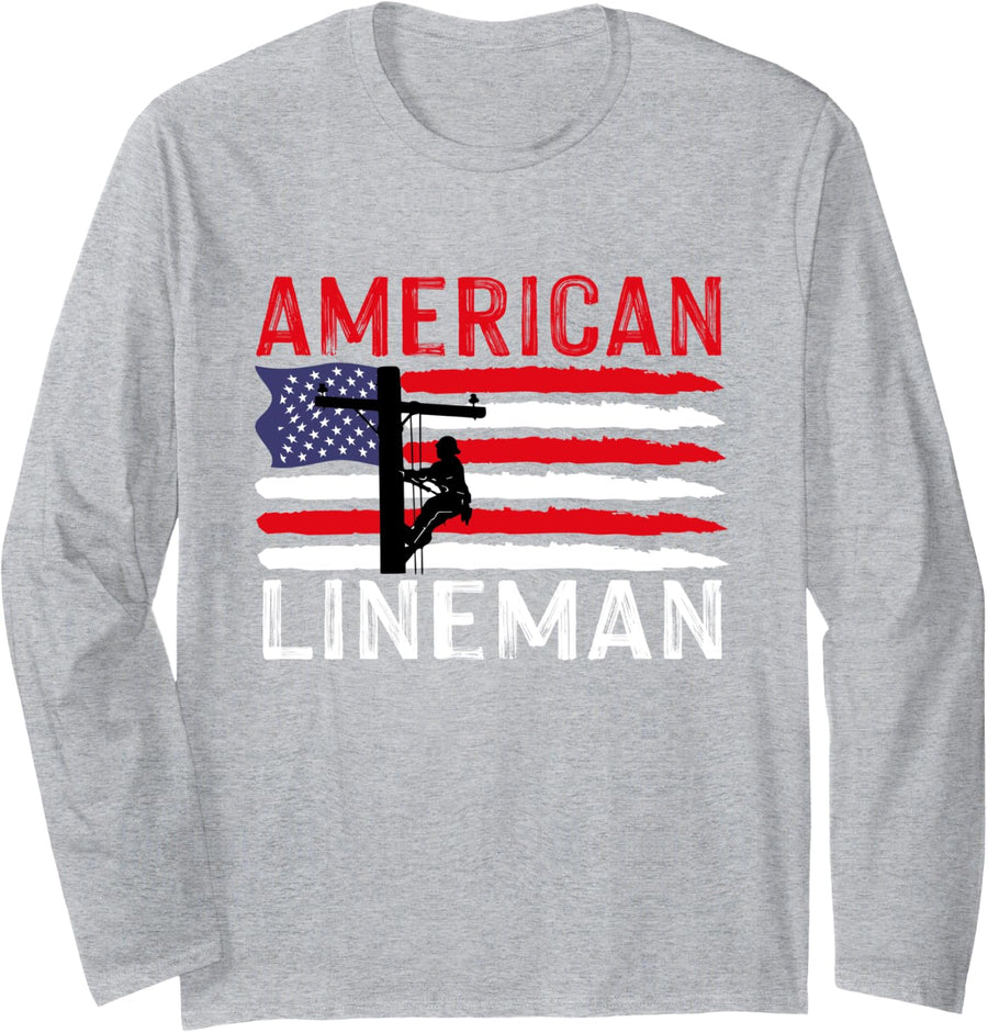 Patriotic Electrician & Power Worker: American Flag Lineman Long Sleeve T-Shirt - Adult Unisex Heather Grey