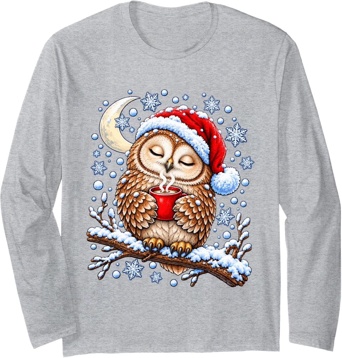 Cute Christmas Owl with Santa Hat Winter Forest Animal Xmas Long Sleeve T-Shirt - Adult Unisex Heather Grey