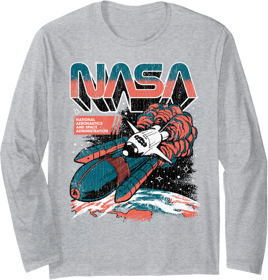NASA Retro-Style Rocket Launch Long Sleeve T-Shirt - Adult Unisex Heather Grey