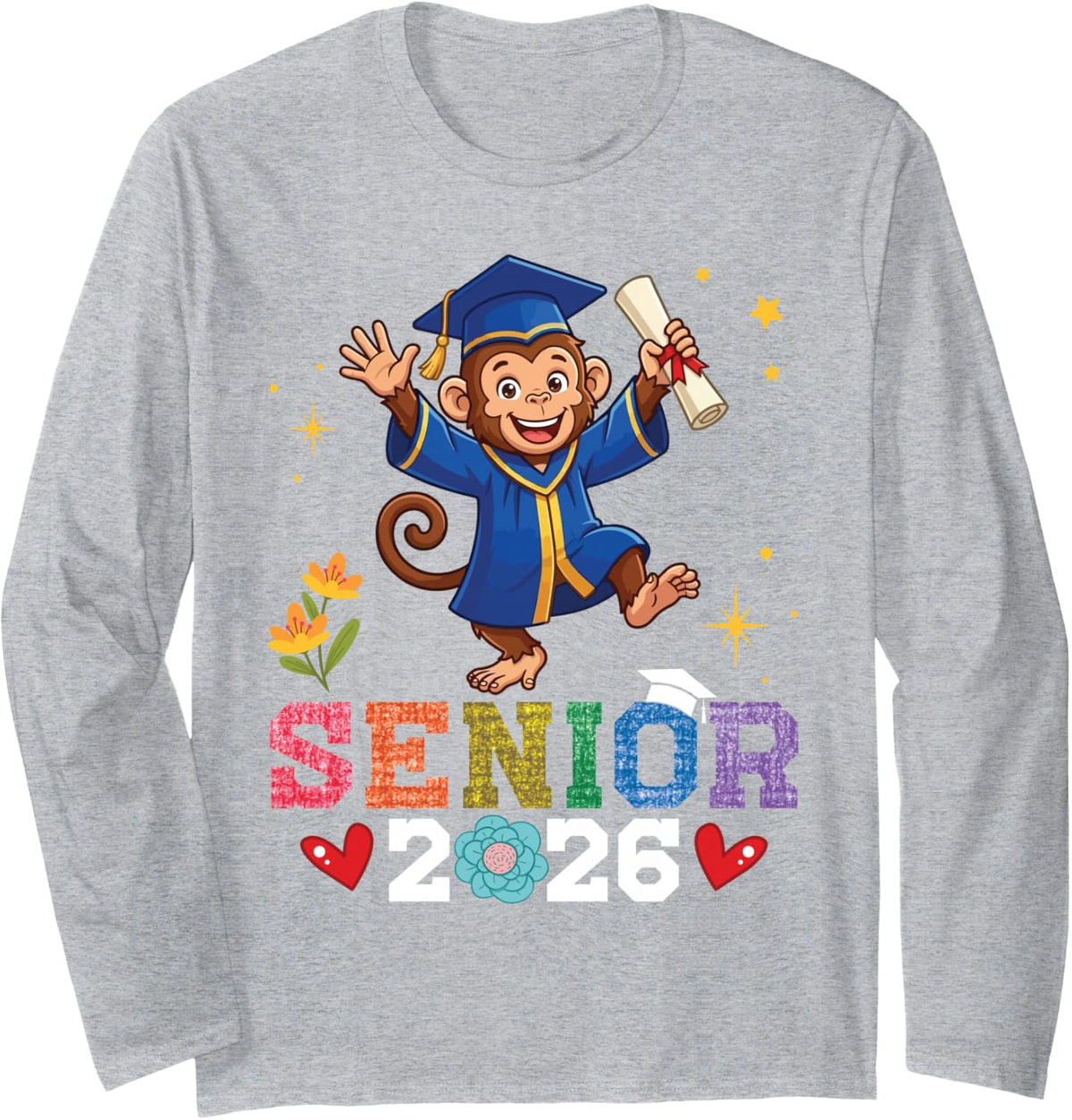 Senior 2026 Graduation Monkey Class of 2026 Scholar Graduate Long Sleeve T-Shirt - Adult Unisex Heather Grey