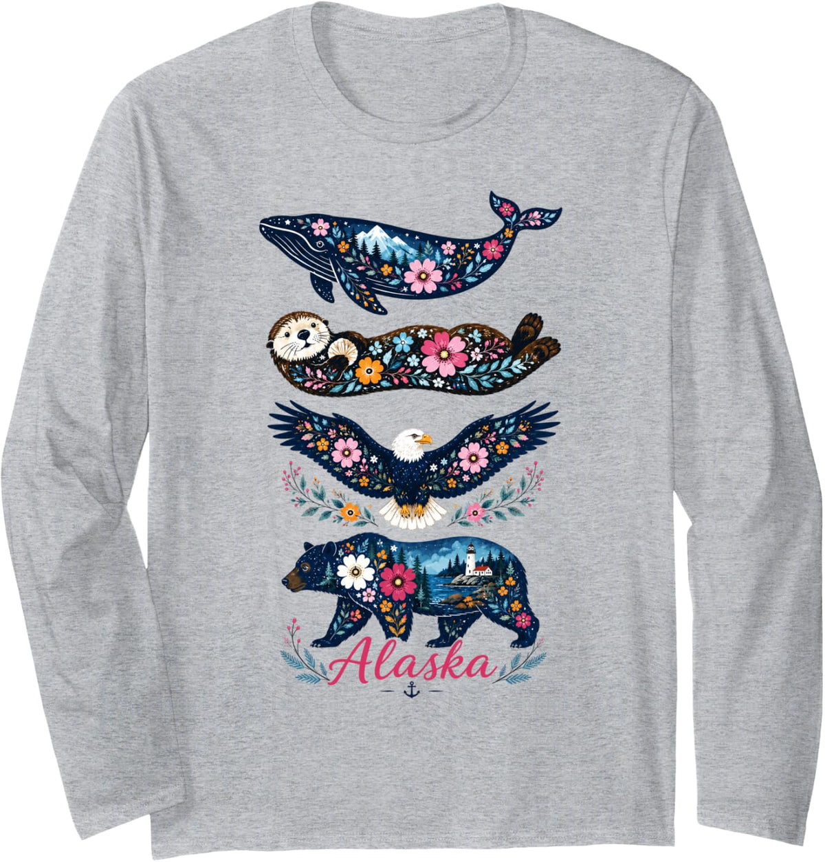 Floral Alaska Wildlife Whale Sea Otter Eagle Bear Nature Art Long Sleeve T-Shirt - Adult Unisex Heather Grey