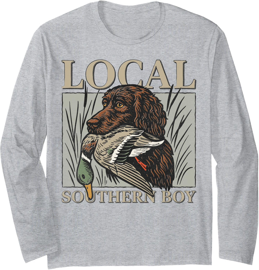 Boykin Spaniel Duck Hunt Season Local Southern Boy Outdoor Long Sleeve T-Shirt - Adult Unisex Heather Grey