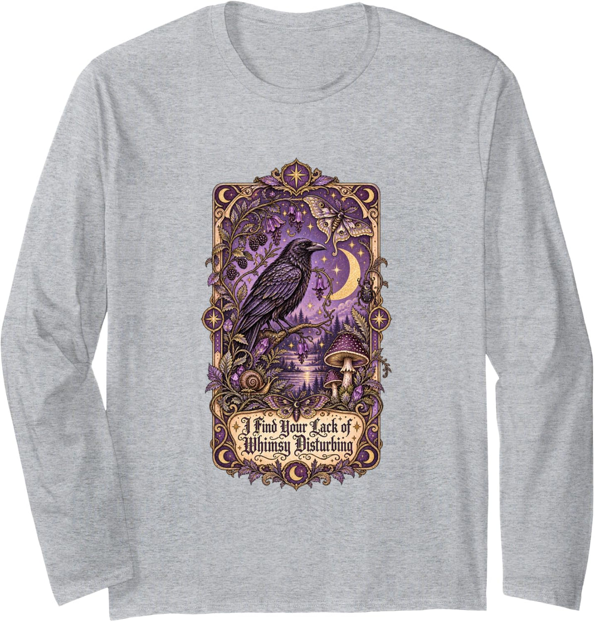 Whimsy Disturbing Raven Moth Gothic Fantasy Long Sleeve T-Shirt - Adult Unisex Heather Grey
