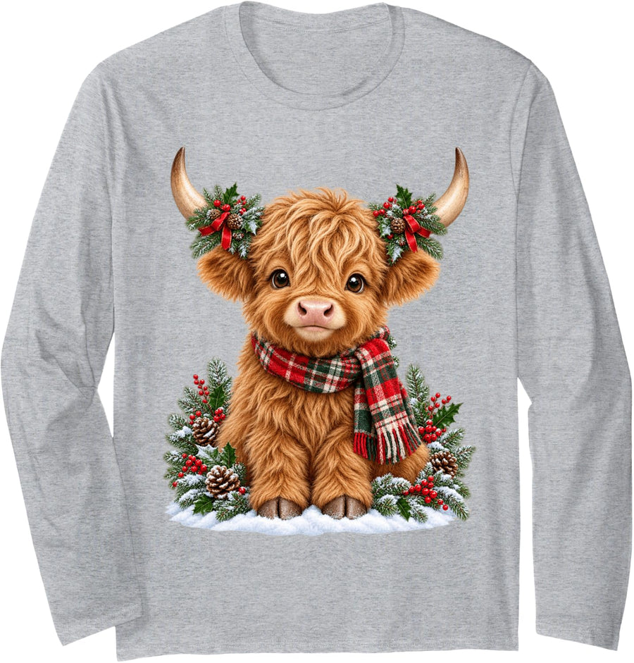 Merry Christmas Highland Cow Santa Hat Holiday Cow Lover Long Sleeve T-Shirt - Adult Unisex Heather Grey