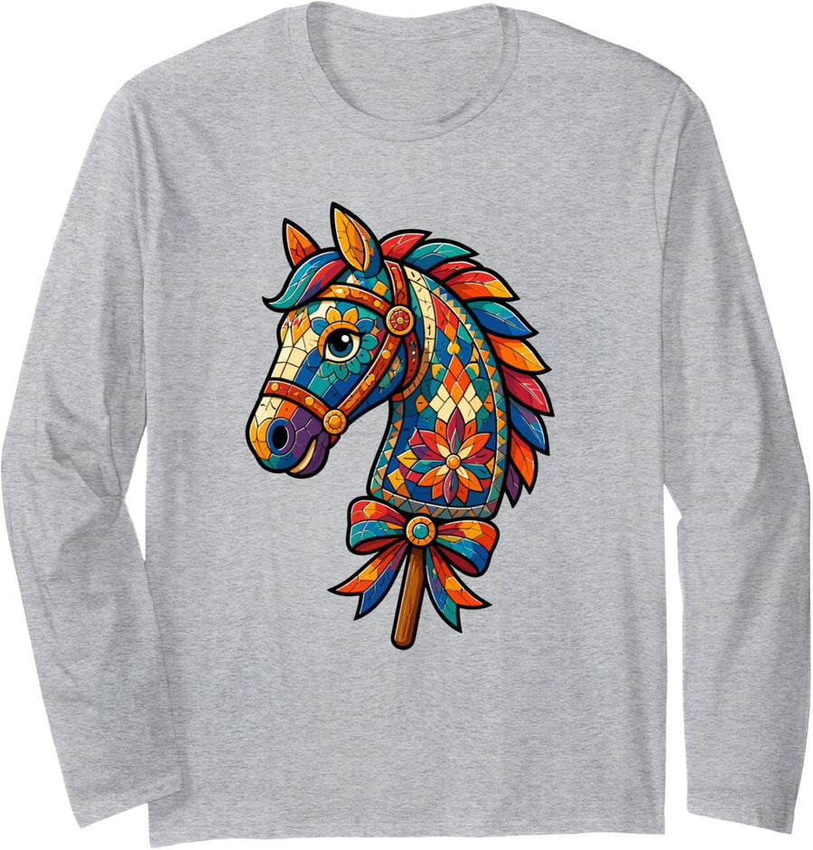 Mosaic Horse Head Equestrian Western Spirit Long Sleeve T-Shirt - Adult Unisex Heather Grey