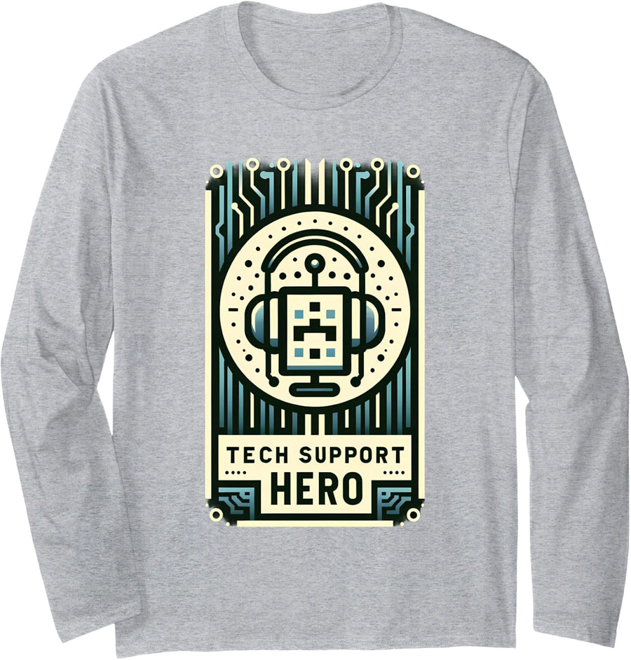 Computer Enthusiast Tech Support Hero Funny Tech Support Long Sleeve T-Shirt - Adult Unisex Heather Grey