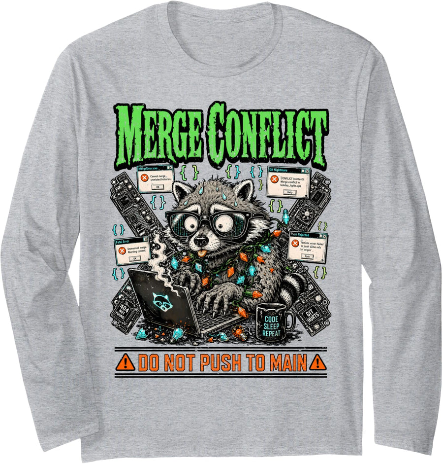 Funny Programmer Merge Conflict Do Not Push to Main Coding Long Sleeve T-Shirt - Adult Unisex Heather Grey