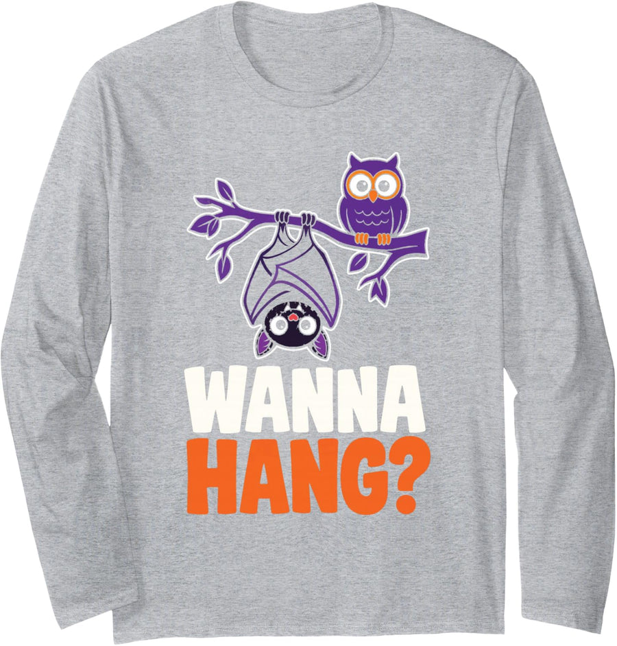 Halloween Cute Bat Owl Wanna Hang Funny Tree Branch Long Sleeve T-Shirt - Adult Unisex Heather Grey