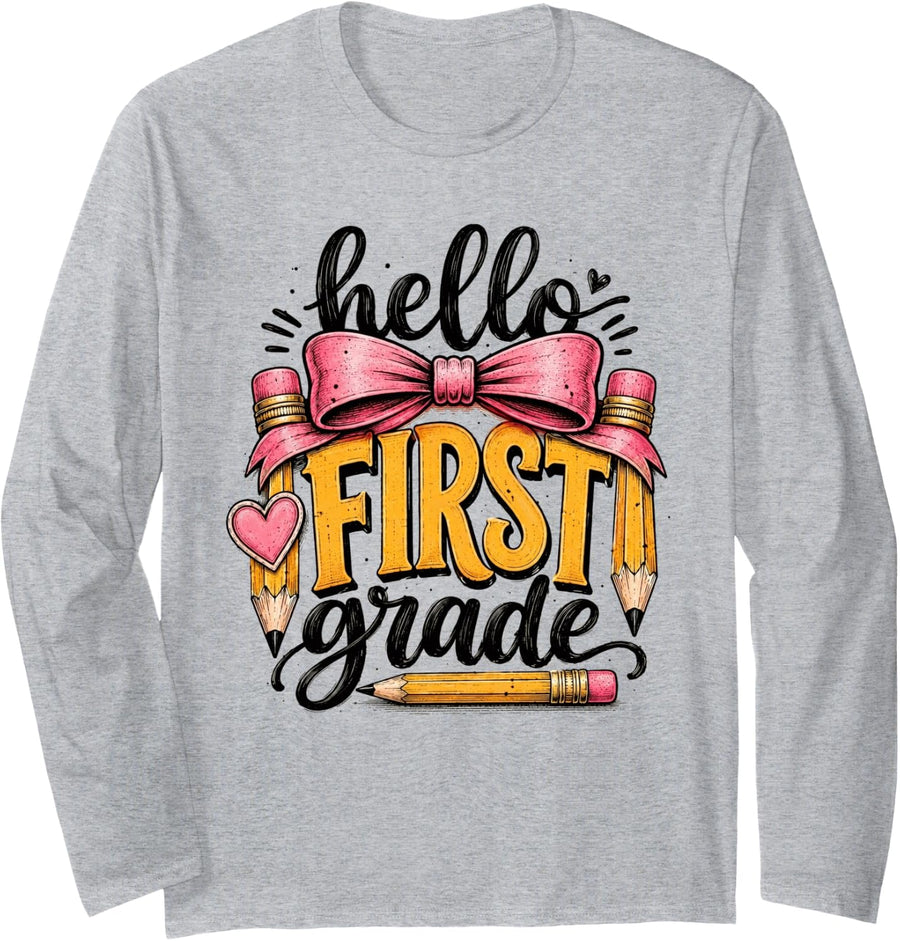 Hello First Grade Girls Coquette Bow Pencil Long Sleeve T-Shirt - Adult Unisex Heather Grey