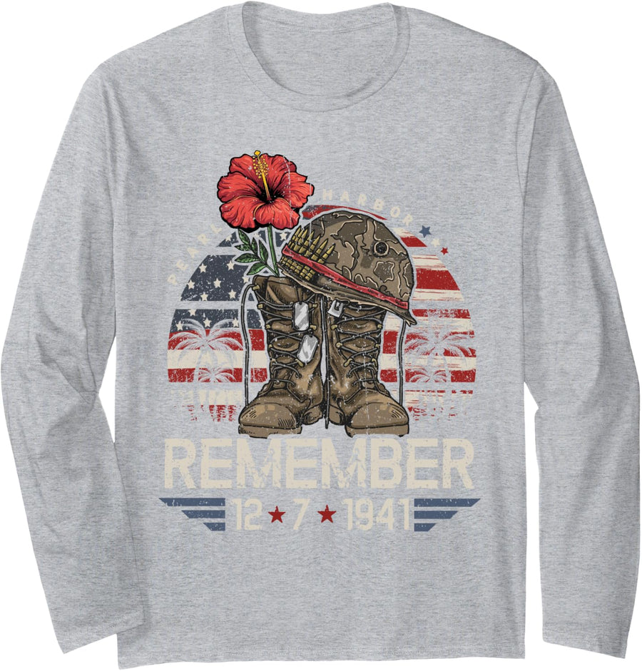 Vintage Hawaii USA Flag Tee, Pearl Harbor Memorial Day Gift Long Sleeve T-Shirt - Adult Unisex Heather Grey