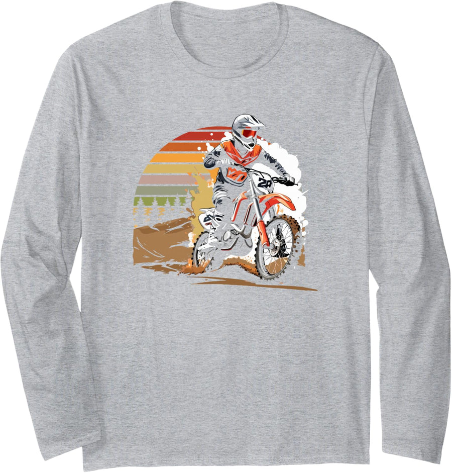 Retro Motocross Dirt Bike Rider Forest Racing Design Long Sleeve T-Shirt - Adult Unisex Heather Grey