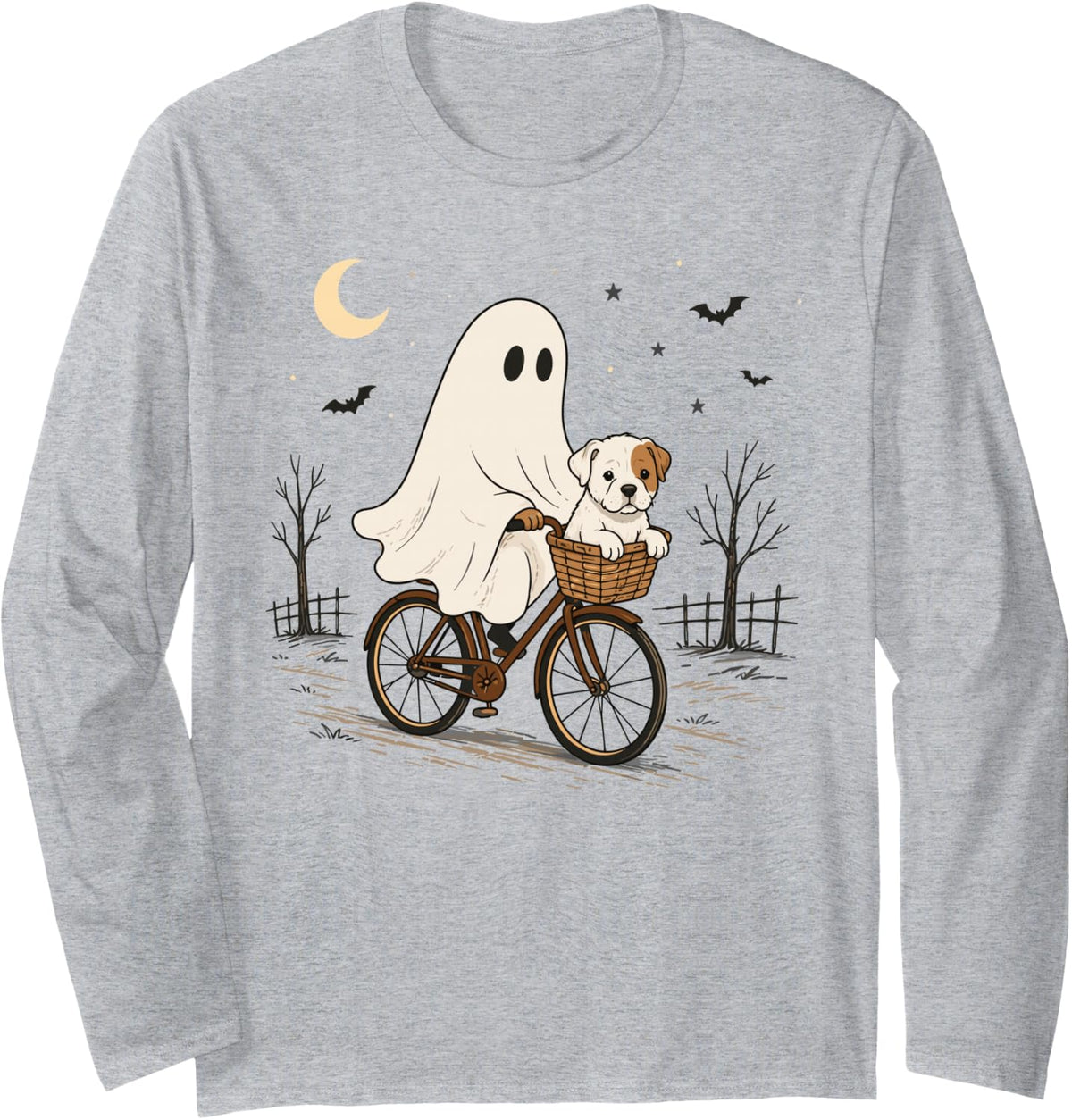 Staffordshire Bull Terrier Ghost Bicycle Halloween Night Long Sleeve T-Shirt - Adult Unisex Heather Grey