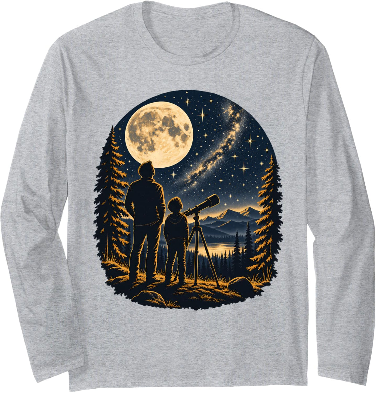 Moon Parent Kid Dad Son Telescope Stargazing Astronomy Long Sleeve T-Shirt - Adult Unisex Heather Grey